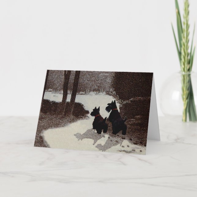 Scotties on Surreal Winter Night Holiday Card (Front)