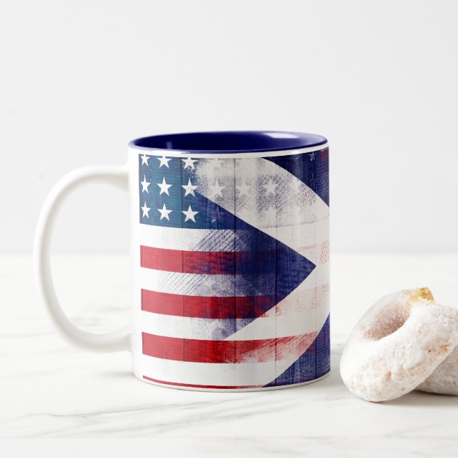 Scottish American Flag | Wood Grain & Paintstrokes Two-Tone Coffee Mug (With Donut)