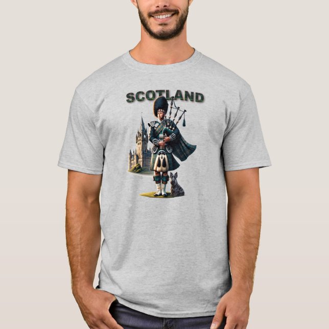 Scottish Bagpipe player with Scottish Terrier T-Shirt (Front)
