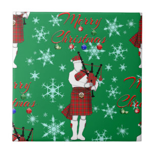 Scottish Bagpiper Merry Christmas with Snowflakes Ceramic Tile