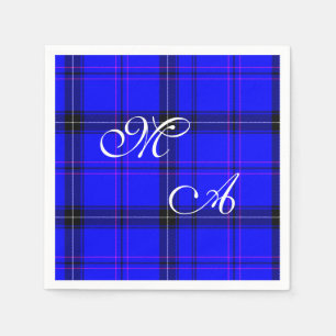 Scottish Blue Tartan Plaid Fabric With Monogram Napkin