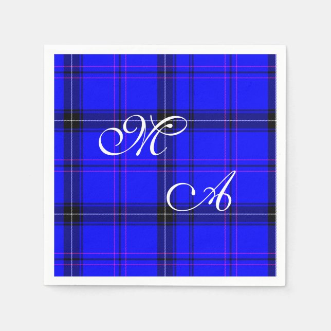 Scottish Blue Tartan Plaid Fabric With Monogram Napkin (Front)