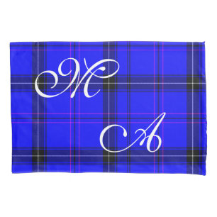 Scottish Blue Tartan Plaid Fabric With Monogram Pillowcase