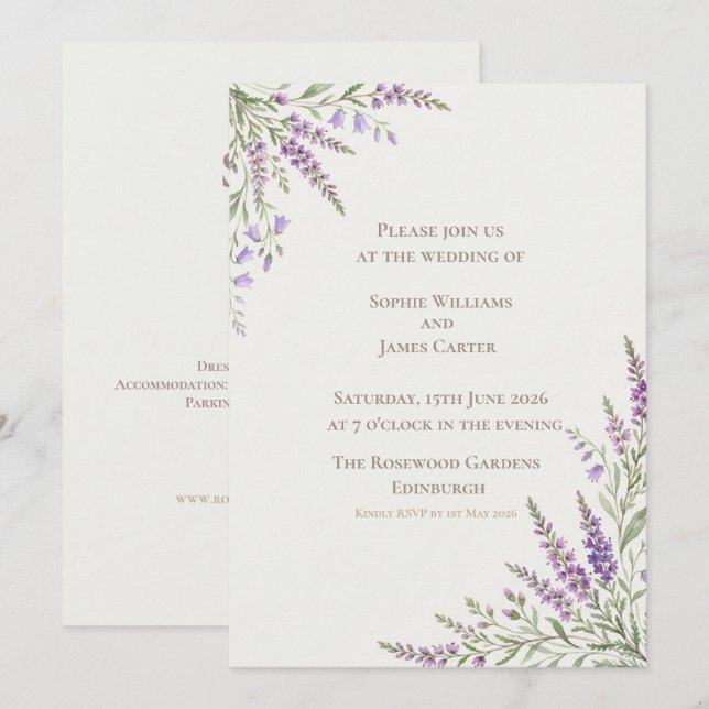 Scottish Bluebell Lavender Corner Wedding Invitation (Front/Back)