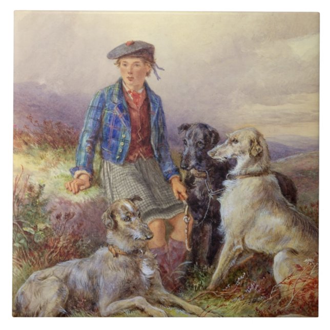 Scottish boy with wolfhounds in a Highland landsca Ceramic Tile (Front)