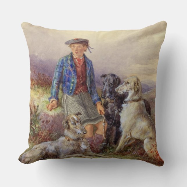 Scottish boy with wolfhounds in a Highland landsca Cushion (Front)