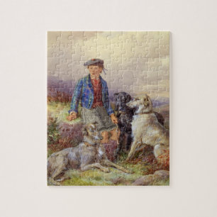 Scottish boy with wolfhounds in a Highland landsca Jigsaw Puzzle