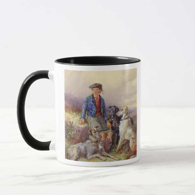 Scottish boy with wolfhounds in a Highland landsca Mug (Left)