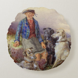 Scottish boy with wolfhounds in a Highland landsca Round Cushion