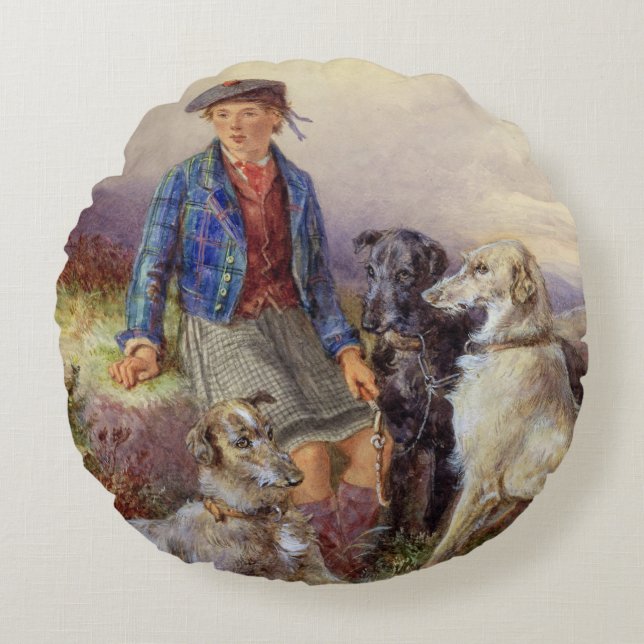 Scottish boy with wolfhounds in a Highland landsca Round Cushion (Front)
