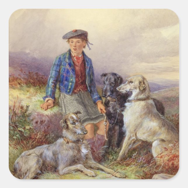 Scottish boy with wolfhounds in a Highland landsca Square Sticker (Front)