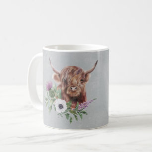 Scottish Brown Highland Cow Floral Personalised Coffee Mug