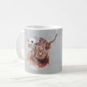 Scottish Brown Highland Cow Flowers Personalised Coffee Mug