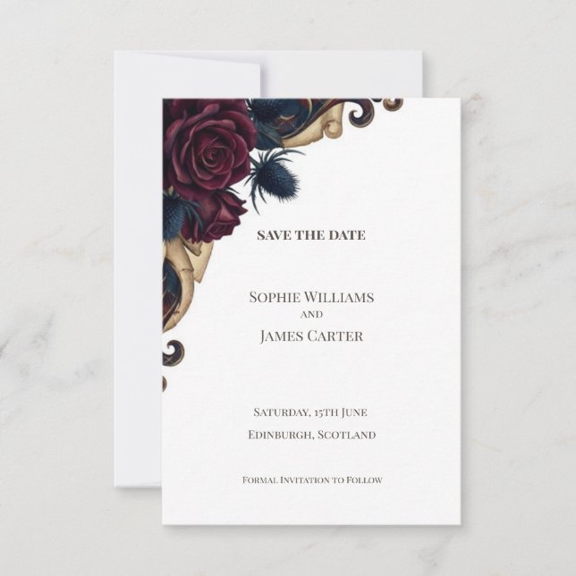 Scottish Burgundy Rose Thistle Save the Date Card (Front)