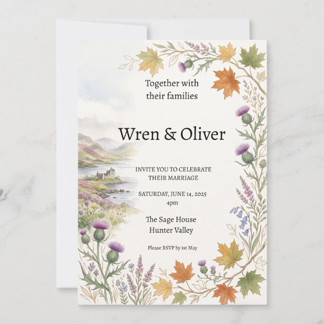 Scottish Canadian Maple Thistle Wedding Invitation (Front)