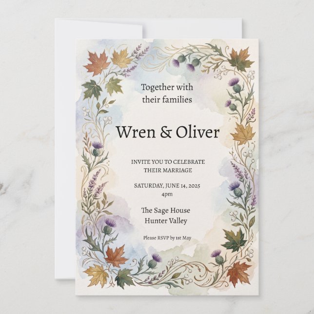 Scottish Canadian Maple Thistle Wedding Invitation (Front)