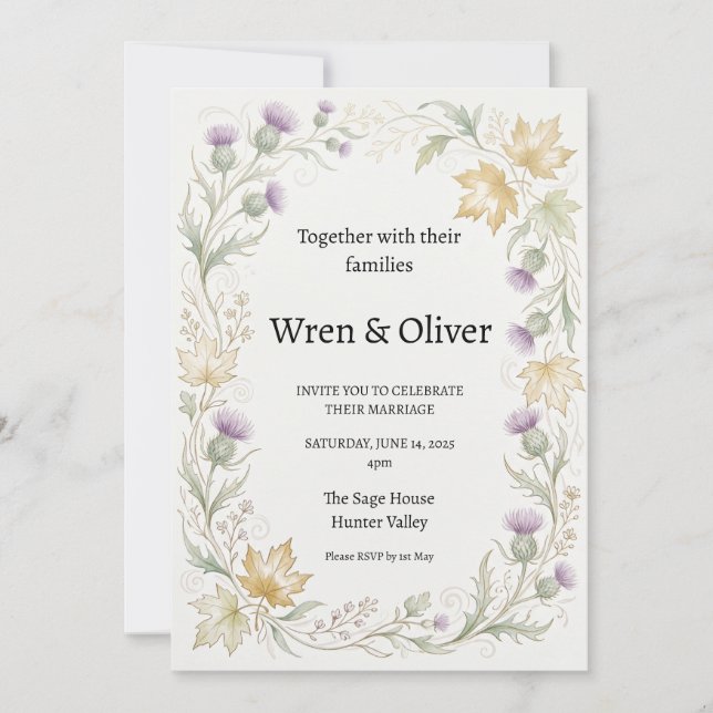 Scottish Canadian Maple Thistle Wedding Invitation (Front)