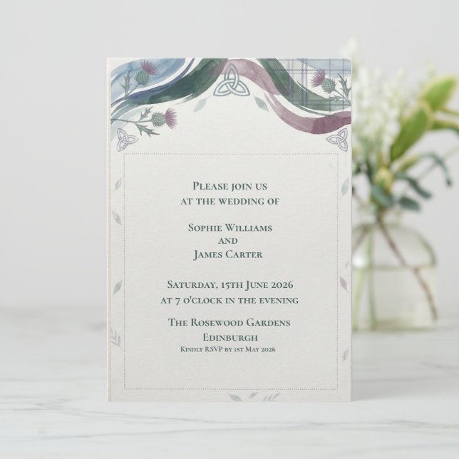Scottish Celtic Thistle Tartan Wedding Invitation (Standing Front)