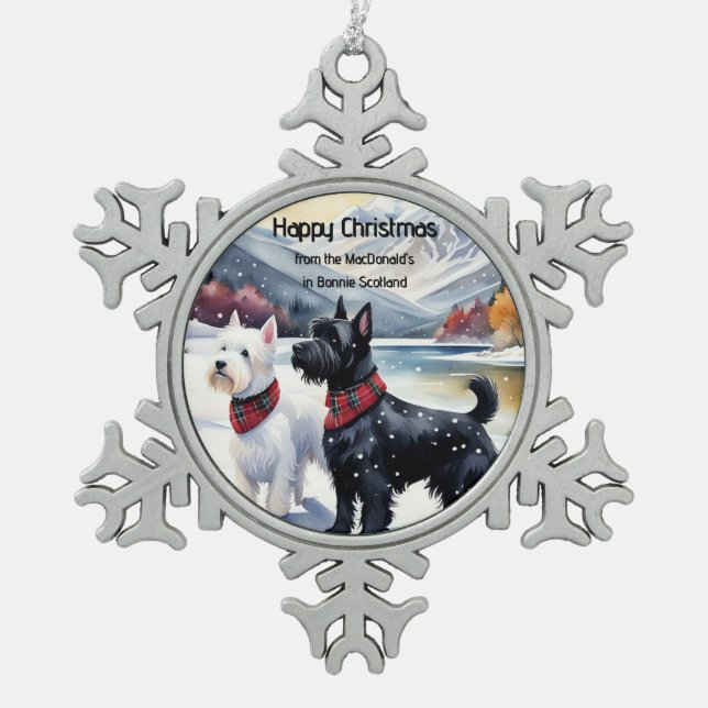 Scottish Christmas ornament, Westie, Scottie Snowflake Pewter Christmas Ornament (Front)