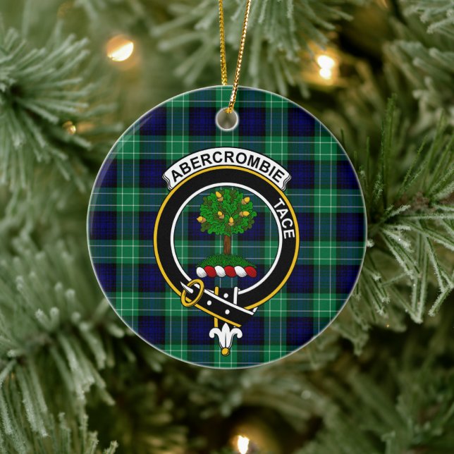 Scottish Clan Abercrombie Hunting Tartan and Crest Ceramic Ornament (Tree)