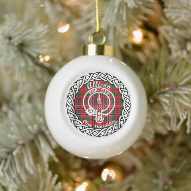 Scottish Clan Allison Tartan and Crest Ceramic Ball Christmas Ornament (Tree)
