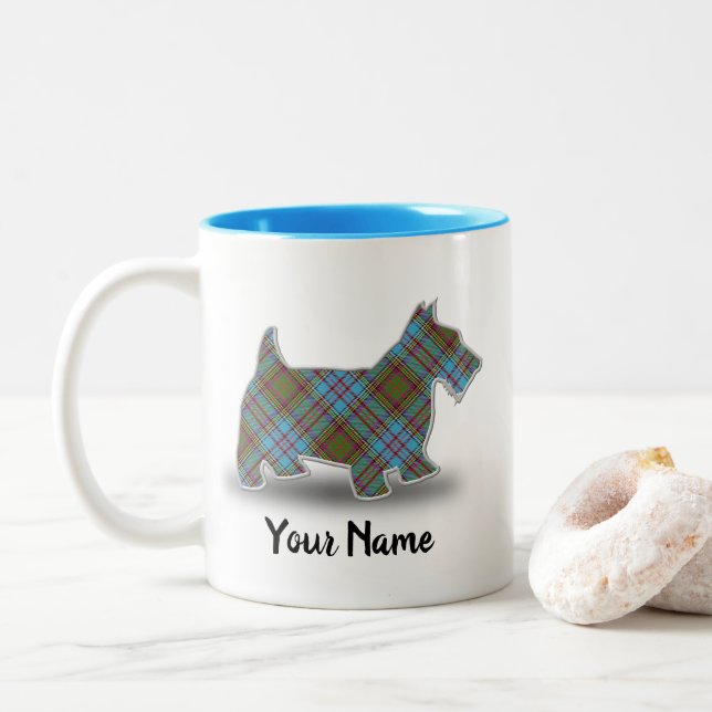 Scottish Clan Anderson Tartan Scottish Terrier Two-Tone Coffee Mug (With Donut)