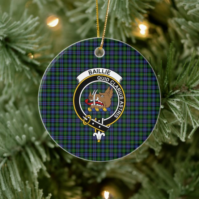 Scottish Clan Baillie Hunting Tartan and Crest Ceramic Ornament (Tree)
