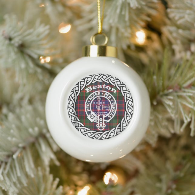 Scottish Clan Beaton Tartan and Crest Ceramic Ball Christmas Ornament (Tree)