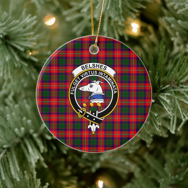 Scottish Clan Belshes Tartan and Crest Ceramic Ornament (Tree)