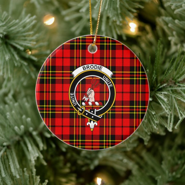 Scottish Clan Brodie Modern Tartan and Crest Ceramic Ornament (Tree)