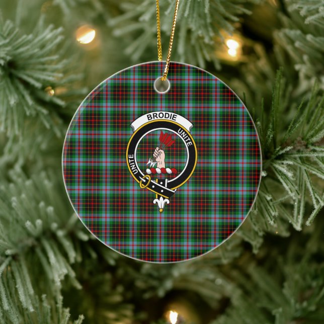 Scottish Clan Brodie Tartan and Crest Ceramic Ornament (Tree)