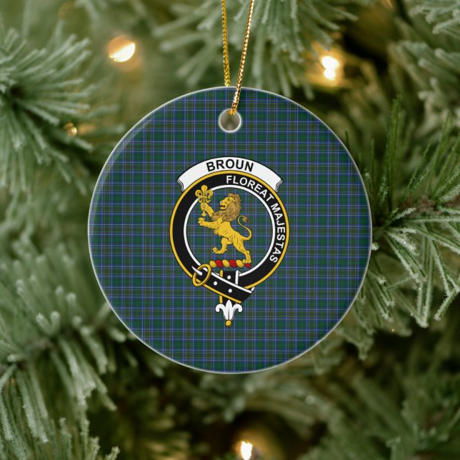 Scottish Clan Broun Tartan and Crest Ceramic Ornament (Tree)