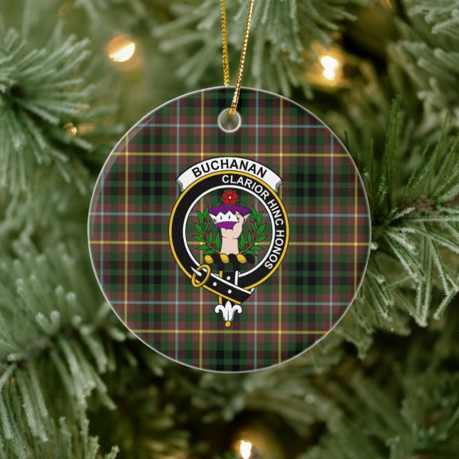 Scottish Clan Buchanan Hunting Tartan and Crest Ceramic Ornament (Tree)
