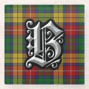 Scottish Clan Buchanan Letter B Monogram Tartan Glass Coaster