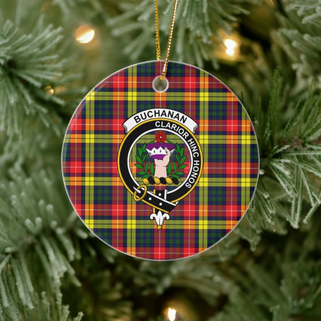 Scottish Clan Buchanan Modern Tartan and Crest Ceramic Ornament (Tree)