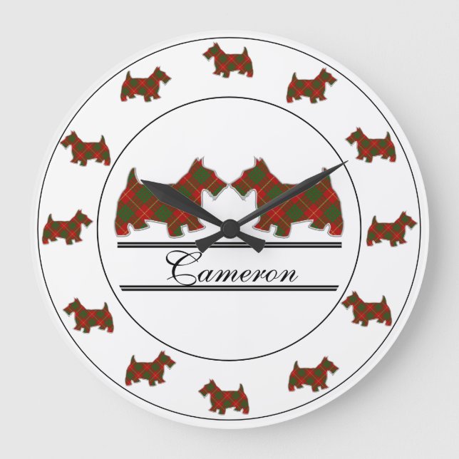 Scottish Clan Cameron Tartan Plaid Scottie Dogs Large Clock (Front)