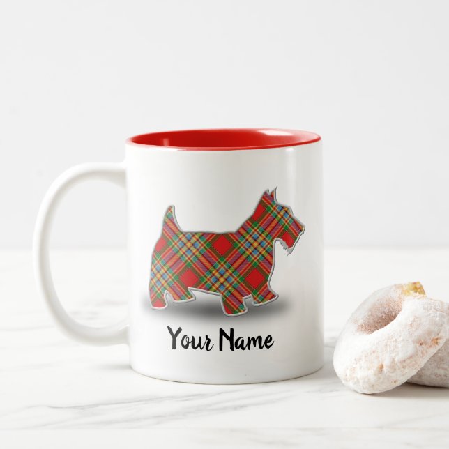 Scottish Clan Chattan Tartan Scottish Terrier Two-Tone Coffee Mug (With Donut)