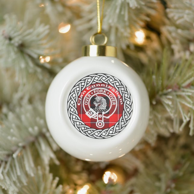 Scottish Clan Cunningham Tartan and Crest Ceramic Ball Christmas Ornament (Tree)