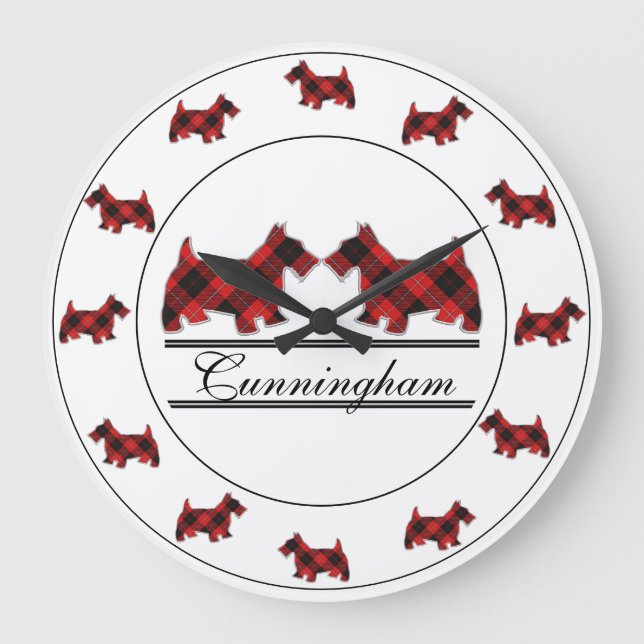 Scottish Clan Cunningham Tartan Plaid Scottie Dogs Large Clock (Front)