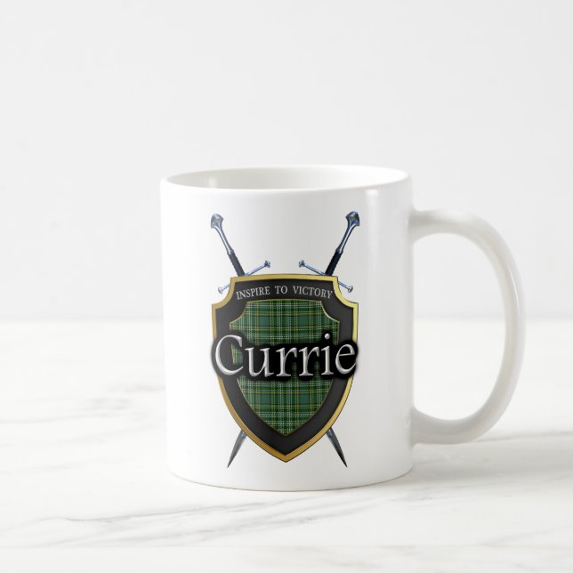 Scottish Clan Currie Tartan Shield & Swords Coffee Mug (Right)
