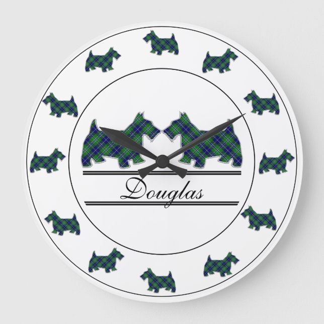 Scottish Clan Douglas Tartan Plaid Scottie Dogs Large Clock (Front)