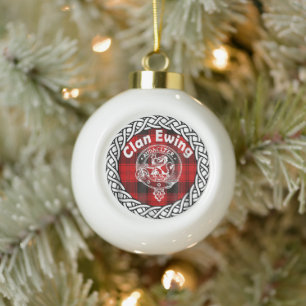 Scottish Clan Ewing Tartan and Crest Ceramic Ball Christmas Ornament