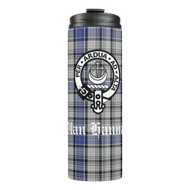 Scottish Clan Hannay Crest Badge and Tartan Custom Thermal Tumbler (Front)