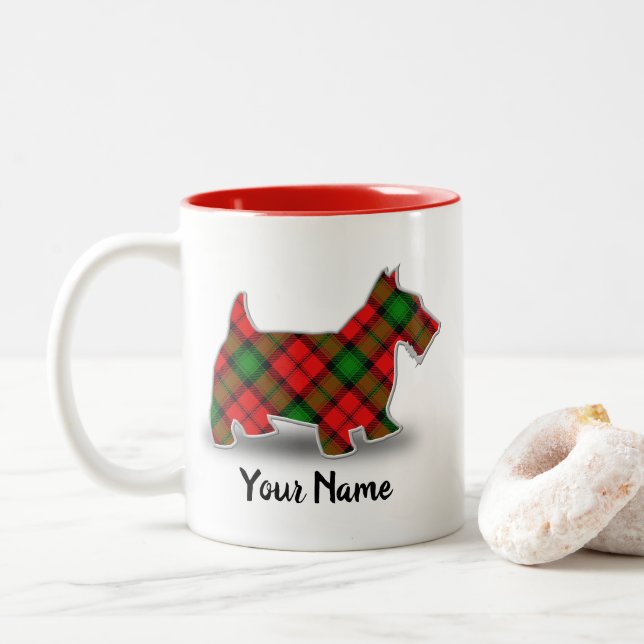 Scottish Clan Kerr Tartan Scottish Terrier Two-Tone Coffee Mug (With Donut)
