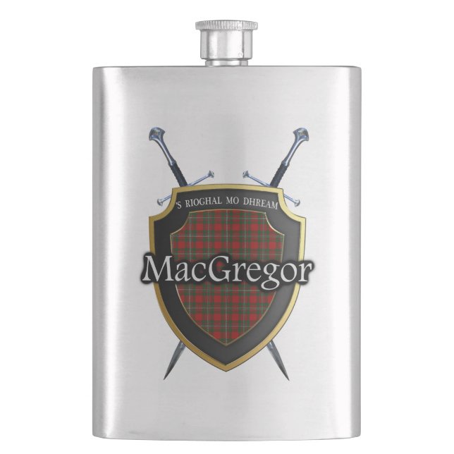Scottish Clan MacGregor Tartan Shield and Swords Hip Flask (Front)