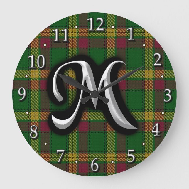 Scottish Clan MacMillan Letter M Monogram Tartan Large Clock (Front)