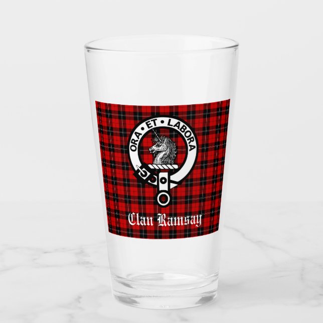 Scottish Clan Ramsay Crest Badge & Tartan Glass (Front)
