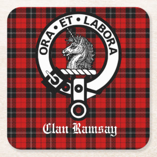 Scottish Clan Ramsay Crest & Tartan Customisable Square Paper Coaster