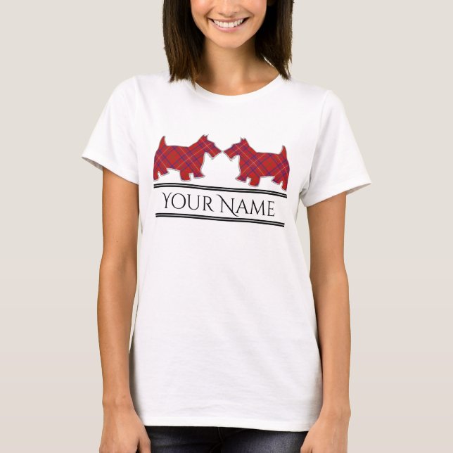 Scottish Clan Rose Modern Red Tartan Scottie Dogs T-Shirt (Front)