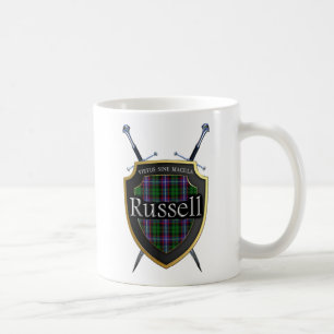 Scottish Clan Russell Tartan Shield & Swords Coffee Mug